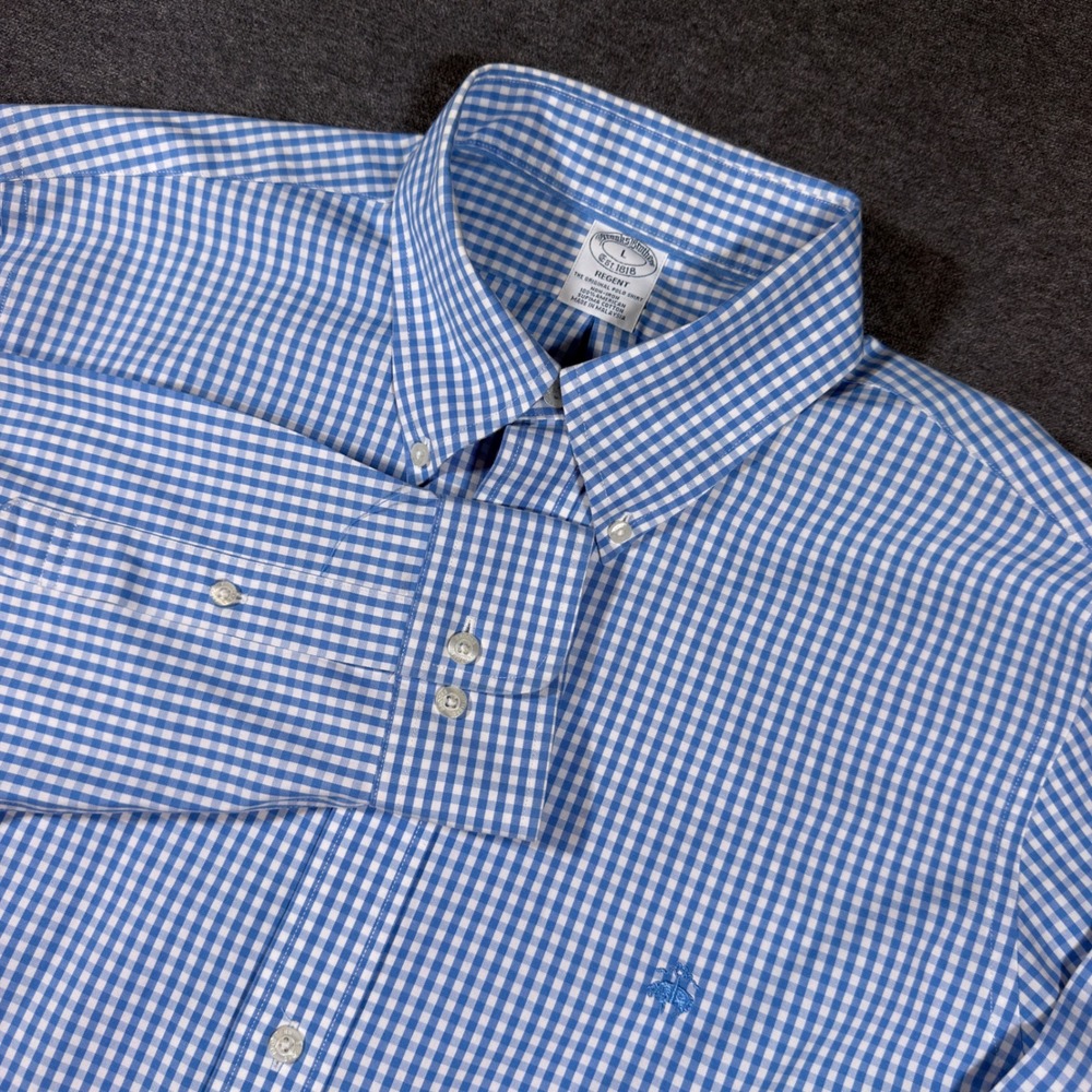 Brooks Brothers Button Down Shirt Mens Large Blue Gingham Regent Non-Iron Cotton